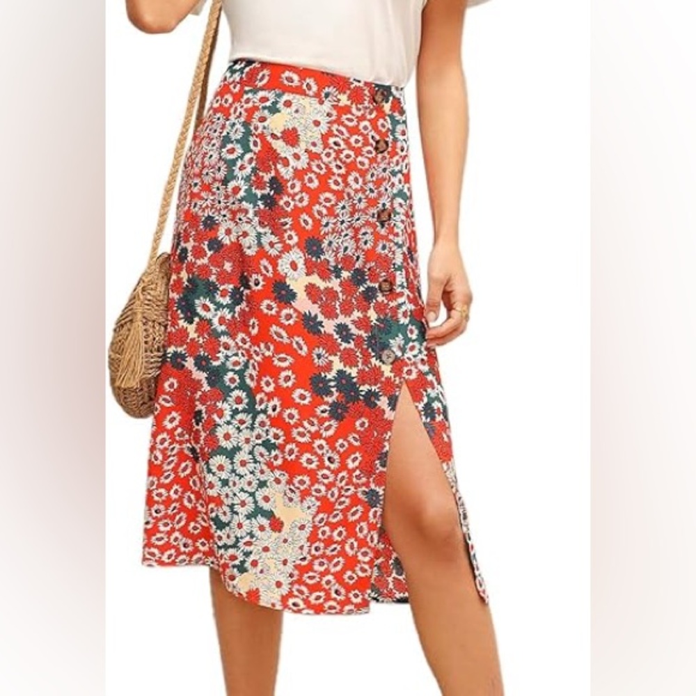 Red Floral Split Midi Skirt with Buttons